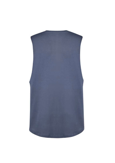A sleeveless tee in a dark blue colour with a rounded hem and a simple design. It features a logo.