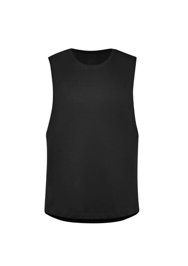 A black sleeveless tee without logos, featuring a simple design and a relaxed fit. Perfect for casual wear.
