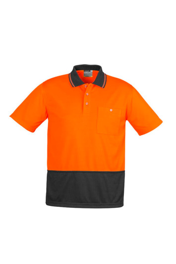 An orange and charcoal short sleeve polo shirt with a chest pocket and a logo.