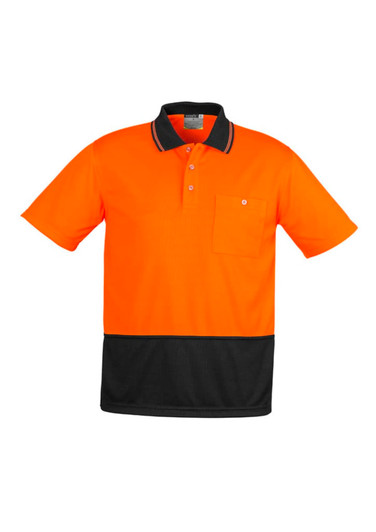 Unisex hi-vis short sleeve polo in bright orange with black bottom and a pocket, featuring a logo.