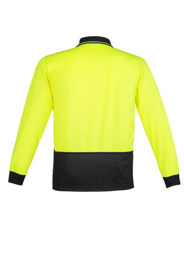 A unisex long sleeve polo in bright yellow with black detailing and a logo on the chest.
