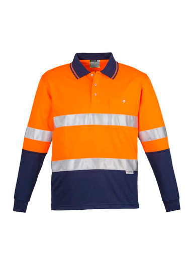 A long sleeve polo shirt in orange and navy, featuring hoop-taped reflective stripes and a pocket. It has a logo.