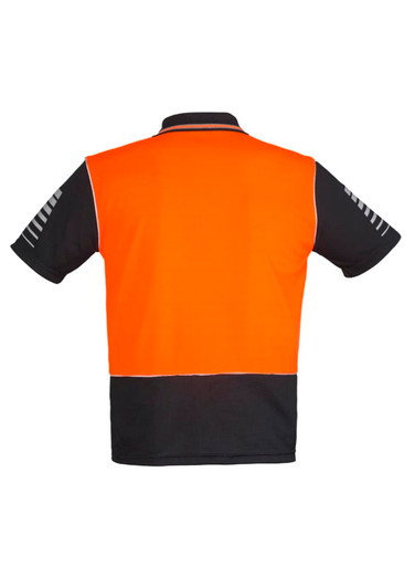 A short sleeve polo shirt featuring a bright orange back and black front, with reflective detailing and a logo.