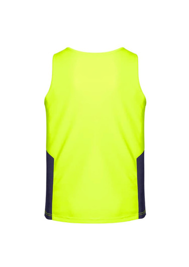 A high visibility sleeveless singlet in bright yellow with navy side panels. Features branding on the fabric.