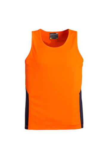 An orange men's singlet with navy side panels, featuring a logo on the neckline. Suitable for workwear.