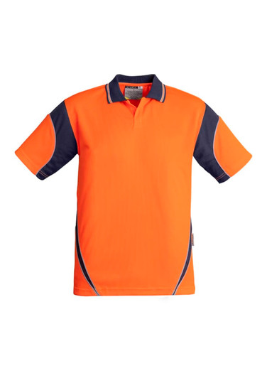 An orange short sleeve polo shirt with navy accents and a branding logo. Suitable for workwear.