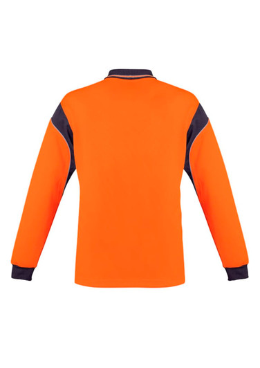A long sleeve polo shirt in bright orange and navy, featuring a collar and arm detailing. It includes a logo.