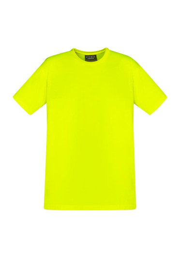 A men's high visibility t-shirt in bright yellow, featuring a logo on the label. Ideal for workwear.