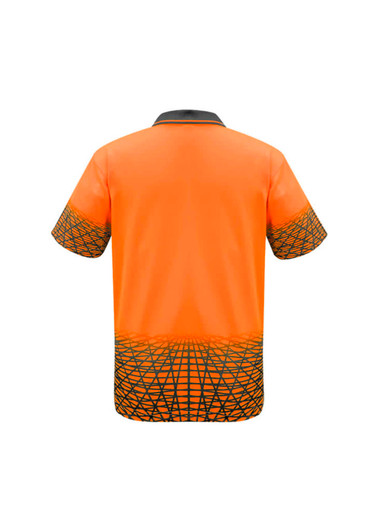 A short sleeve polo in bright orange with a geometric pattern on the lower half and a collar. Features a logo.
