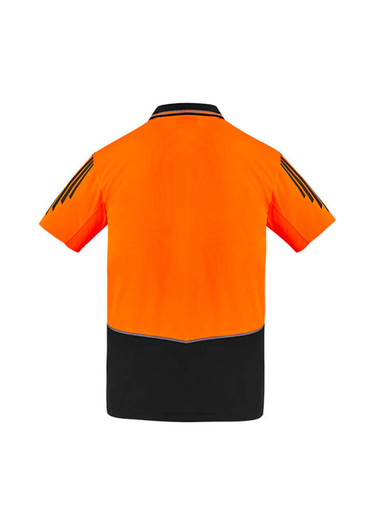 A bright orange short sleeve polo shirt with black detailing and a logo on the chest.