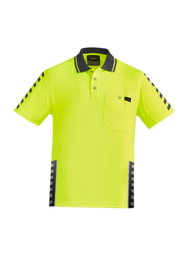A bright yellow short sleeve polo shirt with black accents and a pocket, featuring a logo on the chest.