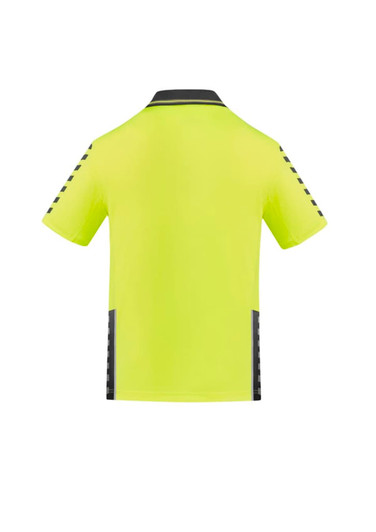 A hi-vis yellow short sleeve polo shirt with dark grey accents and a logo. Back view displayed.