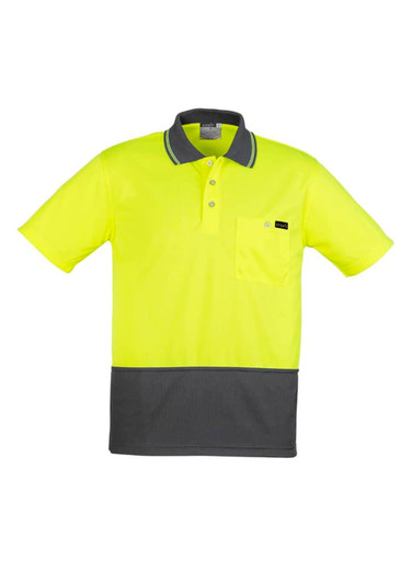 A short sleeve polo shirt in high visibility yellow with a grey bottom panel and a pocket. Features a logo.