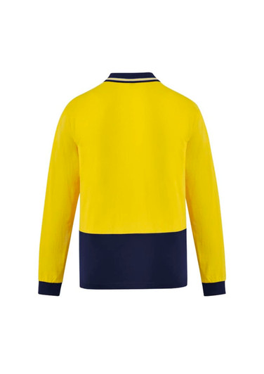 A long sleeve polo shirt in bright yellow with a navy blue lower section and a logo on the chest area.