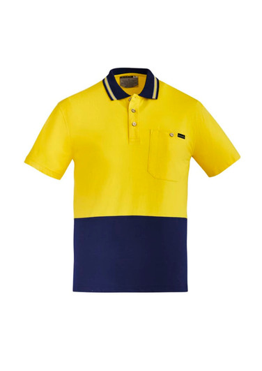 A men's hi-vis cotton short sleeve polo shirt in bright yellow and navy blue, featuring a chest pocket and logo.