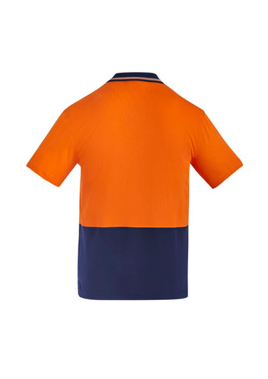 A short sleeve polo shirt featuring a bright orange upper half and navy blue lower half, with a simple logo.