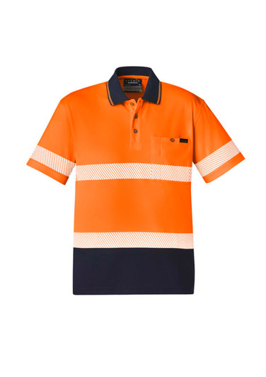 A unisex short sleeve polo in orange with navy segments and reflective tape, featuring a pocket and a logo.