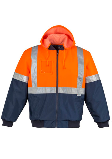 A men's hi-vis quilted flying jacket, featuring orange and navy colours with reflective stripes and a hood.