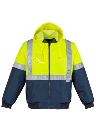 Hi-vis quilted flying jacket in fluorescent yellow and navy, featuring reflective strips and a hood. Includes branding.