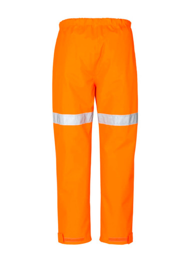Bright orange work pants with reflective tape, featuring an elastic waistband and cuffed hems. Includes branding on the fabric.