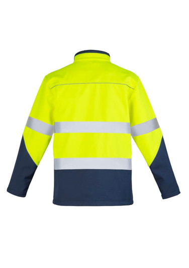 A bright yellow and navy unisex hi-vis softshell jacket featuring reflective stripes and a logo.