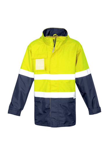 A men's hi-vis ultralite waterproof jacket featuring fluorescent yellow and navy blue colours with reflective stripes and a pocket.