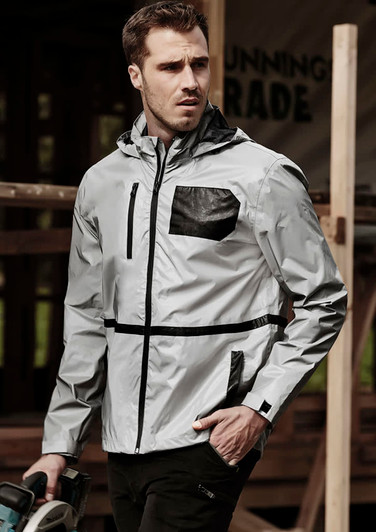 A reflective silver waterproof jacket with a black pocket and branding, featuring a hood and zippered front.