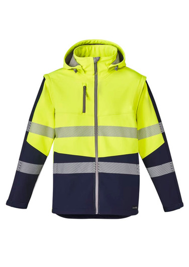 A unisex 2-in-1 stretch softshell jacket featuring a bright yellow and navy design, with reflective stripes and a hood.