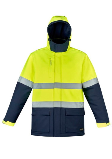 A unisex high visibility softshell jacket in bright yellow and navy, featuring reflective stripes and a hood.
