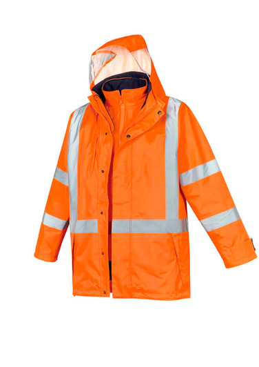 A bright orange waterproof jacket with reflective stripes and a hood, featuring a branded logo.