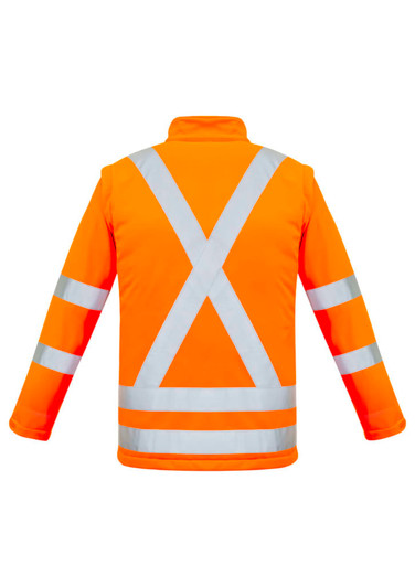A bright orange softshell jacket with reflective stripes in an X-back pattern. It has a logo on the front.