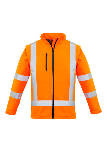 An orange softshell jacket with reflective stripes and a zippered pocket, featuring a logo on the upper left.