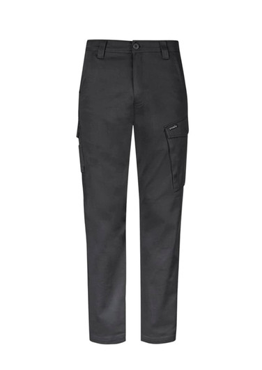 Essential basic stretch cargo pants in black, featuring side pockets and a front button closure. Includes branding.