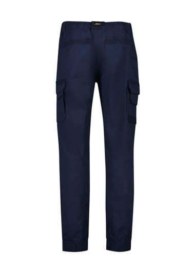 Navy blue cuffed work pants featuring multiple side pockets and a logo. Suitable for workwear and outdoor activities.