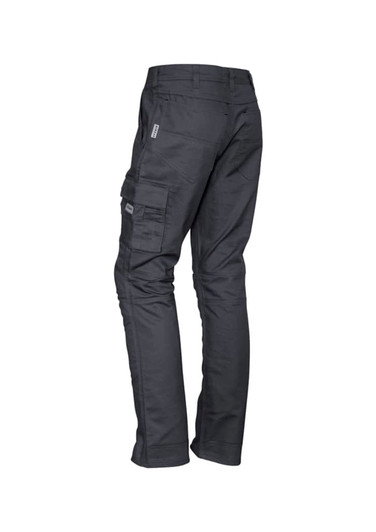 A pair of men's rugged cargo pants in dark grey with multiple pockets and a branded logo.