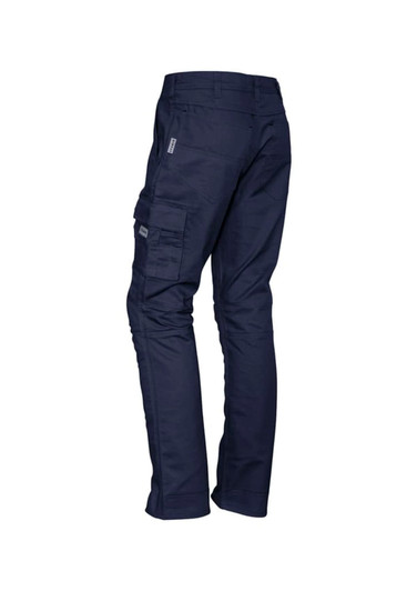 Navy rugged cargo pants featuring multiple pockets and a fitted design. Includes a logo on the side.