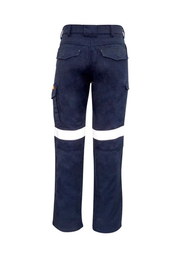Mens cargo pants in navy blue with reflective white taping and rear pockets. Features an elastic waistband and branding.