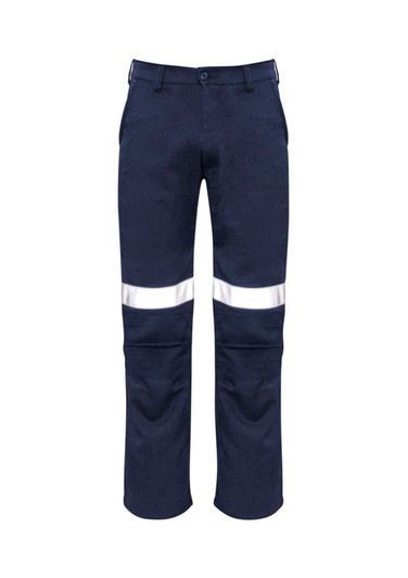 Men's navy work pants featuring reflective tape stripes and a traditional style. Designed for workwear use.