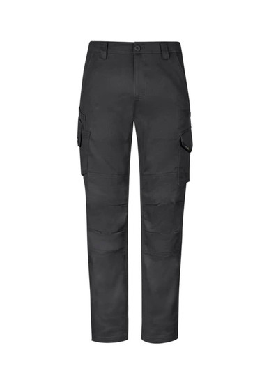 Men's rugged cargo pants in dark grey with multiple side pockets and a sleek design. Features a logo on the waistband.