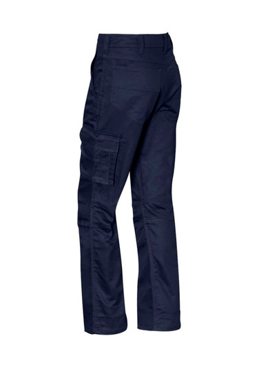 A pair of women's rugged cargo pants in navy blue, featuring multiple pockets and a relaxed fit.