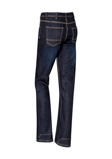 A pair of women's stretch denim work jeans in dark blue, featuring back pockets and contrasting stitching.