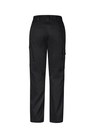 A pair of women's black cargo pants featuring multiple pockets and a snug fit. The design includes a logo.