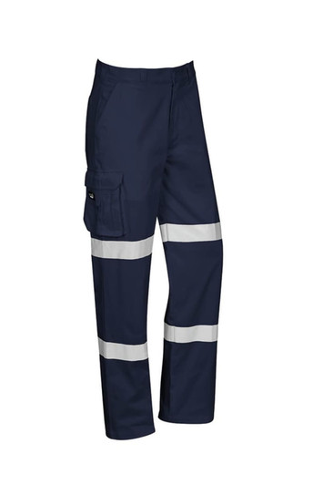 Men's navy work pants featuring reflective stripes and cargo pocket, designed for durability and visibility.