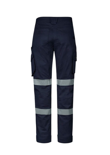Men's rugged work pants in navy with reflective tape, featuring cargo pockets and a logo.