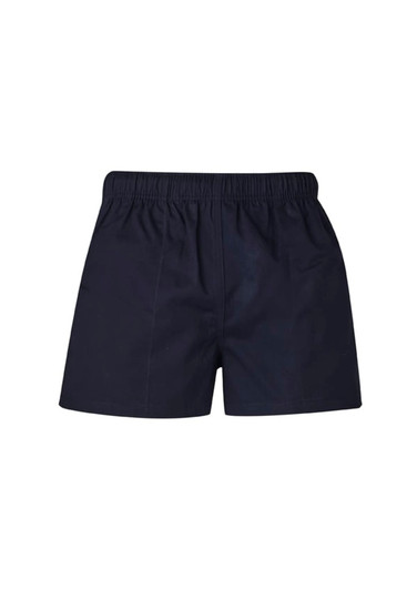 Navy blue men's rugby shorts with an elastic waistband, featuring a logo on the front.