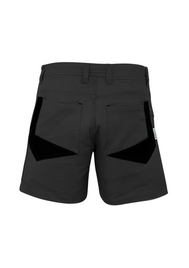 Men's dress shorts in dark grey with contrasting black pockets and a logo on the waistband.