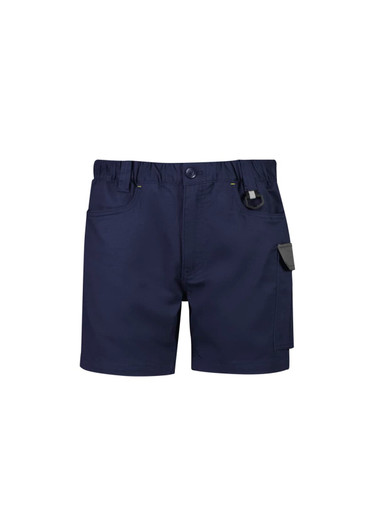 Navy blue men's shorts with a cooling stretch fabric, featuring multiple pockets and an adjustable waistband.