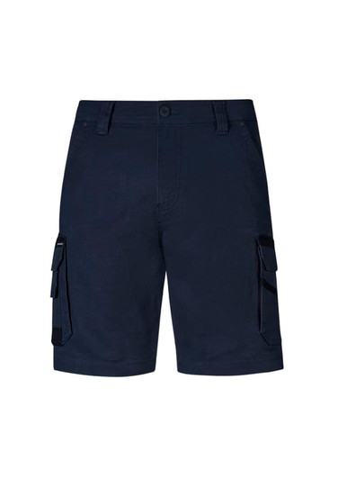 Navy blue cargo shorts featuring multiple side pockets and a front button closure. Includes a logo on the waistband.