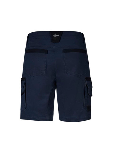 Navy men's shorts featuring cargo pockets and a logo at the waistband, designed for workwear purposes.