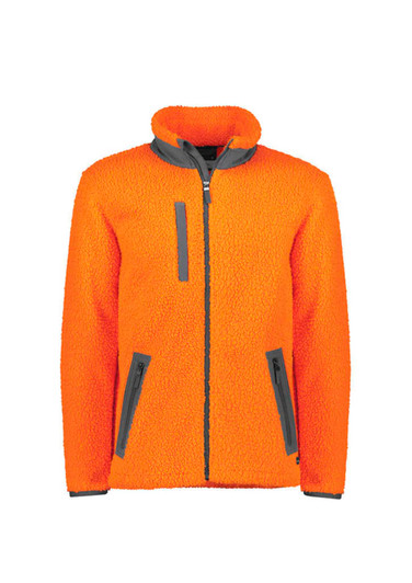 Unisex orange Sherpa fleece full zip jumper with grey accents and pockets, featuring a logo.